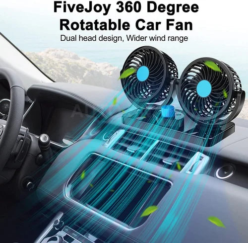 Zyvoura double-headed vehicle fan, 12V DC dashboard fan with 360-degree rotation for car ventilation.