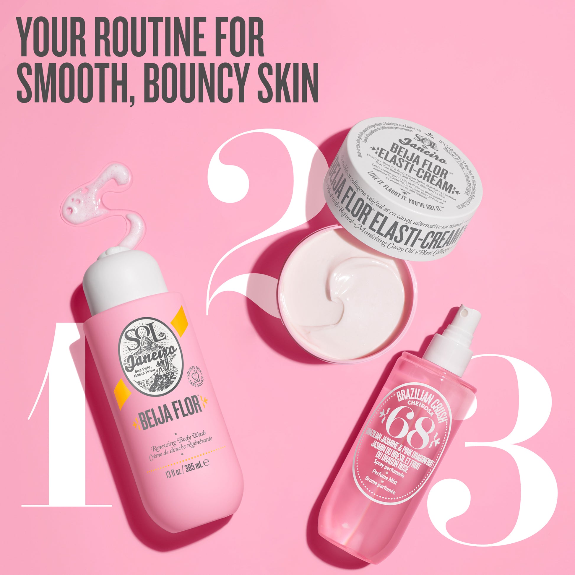 Zyvoura Sol de Janeiro Beija Body Wash and Gel with tropical fragrance and moisturizing formula, shown in a clear bottle.