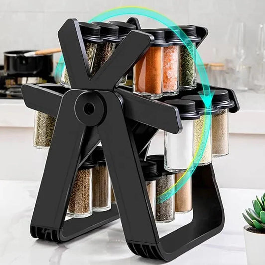 Zyvoura 18-jar rotating spice rack holding various spices in a modern kitchen setup.