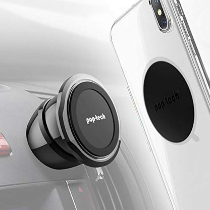 Zyvoura Mini Magnet Phone Holder for cars, compact black magnetic car accessory attached to dashboard with phone secured on top.