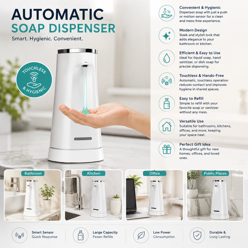 Zyvoura automatic soap dispenser for hands-free cleaning, featuring sleek design and touchless operation for hygiene and convenience.