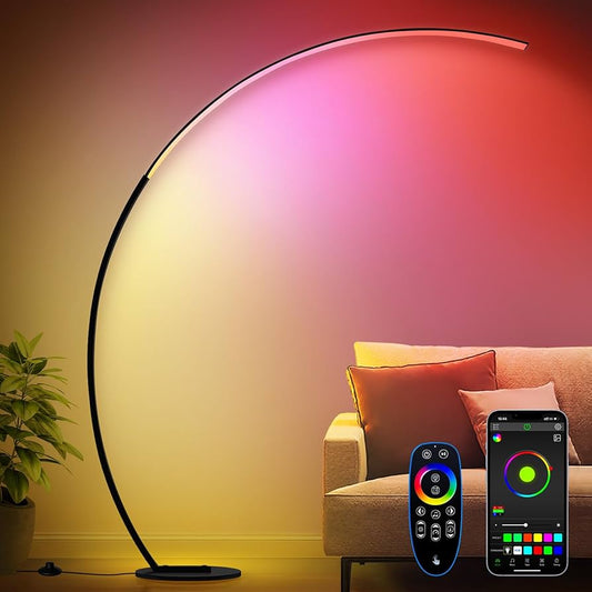 Zyvoura space-saving RGB LED floor lamp with adjustable height and colorful lighting, standing on a modern living room floor.