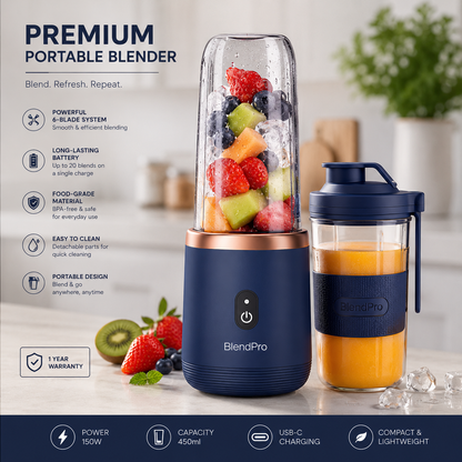 Zyvoura portable blender with cup, compact car accessory for blending smoothies on the go, featuring sleek design and easy portability.