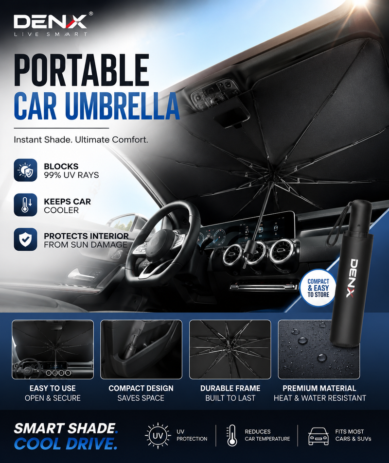 Zyvoura Denx portable car umbrella protecting a vehicle from sun and rain, compact and easy to install as a car accessory.