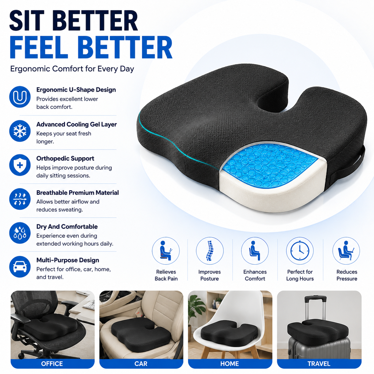 Zyvoura Denx Gel U-Shaped Set Cushion for car accessories, showing a soft, ergonomic U-shaped cushion for driving comfort.