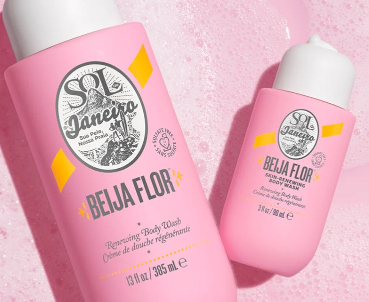 Zyvoura Sol de Janeiro Beija Body Wash and Gel with vibrant pink packaging and floral design, creamy texture visible in the image.