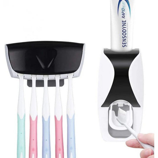 Zyvoura automatic toothpaste dispenser with built-in toothbrush holder, sleek home accessory for organized bathroom storage.