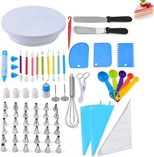 Set of 85 Zyvoura cake decorating accessories including piping tips, spatulas, and tools for home baking and cake decoration.