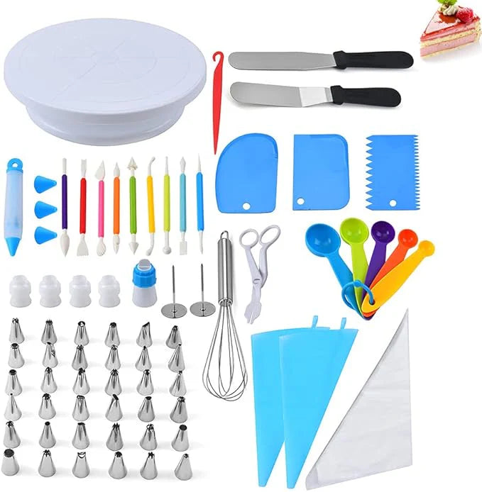 Set of 85 Zyvoura cake decorating accessories including piping tips, spatulas, and tools for home baking and cake decoration.