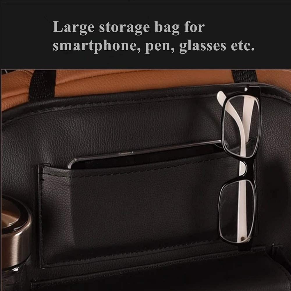 Zyvoura Car Seatback Organizer with multiple storage pockets hanging on a car seat back for travel organization.