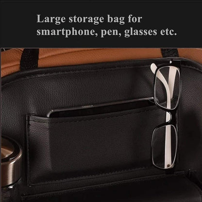 Zyvoura Car Seatback Organizer with multiple storage pockets hanging on a car seat back for travel organization.