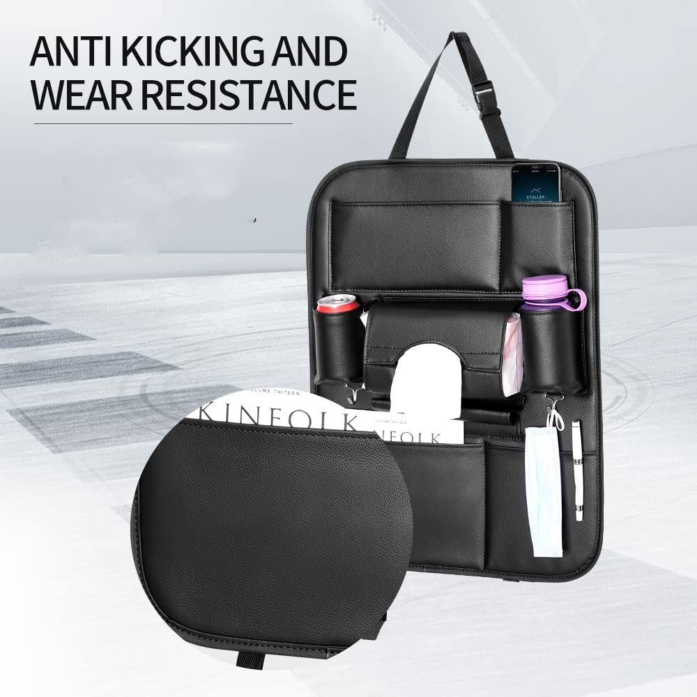 Zyvoura car seatback organizer with multiple pockets hanging on vehicle seat for storage and organization.