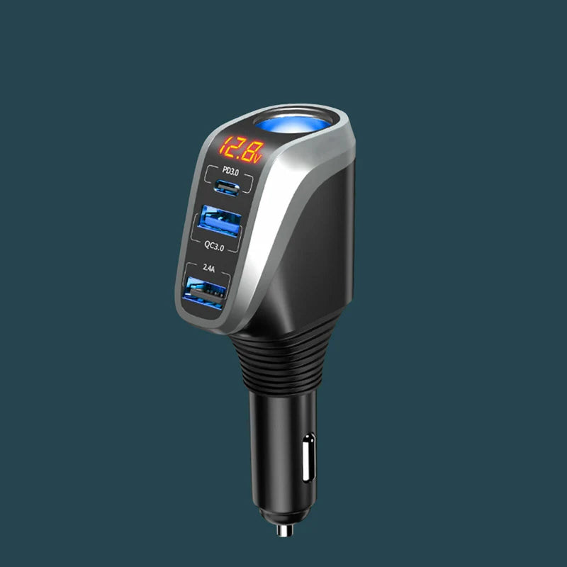 Zyvoura Denx car charger plugged into vehicle's cigarette lighter port, compact car accessories for charging devices on the go