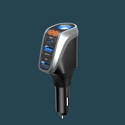 Zyvoura Denx car charger plugged into vehicle's cigarette lighter port, compact car accessories for charging devices on the go