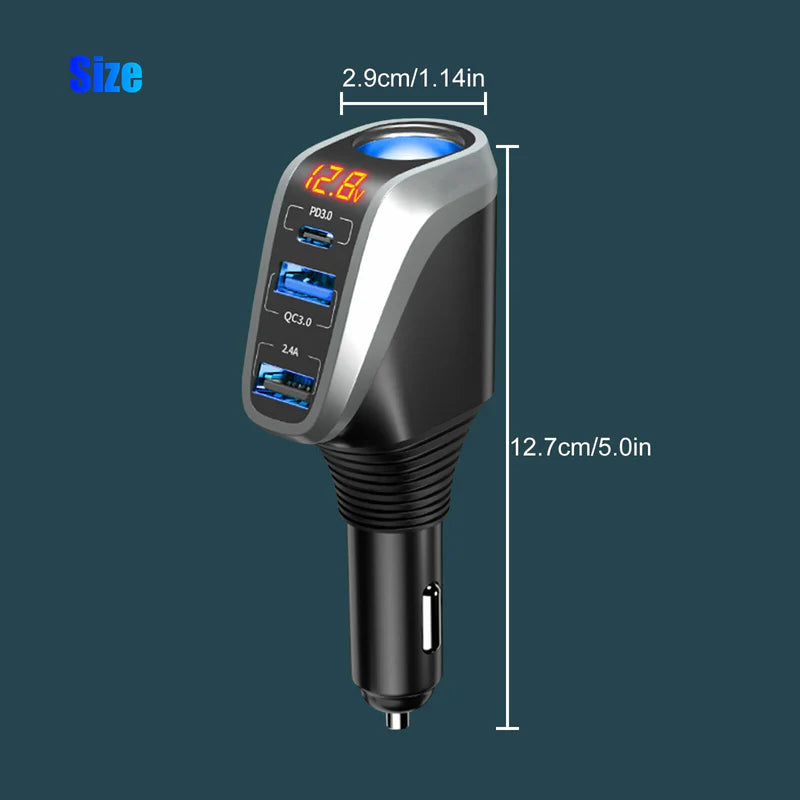 Zyvoura Denx car charger plugged into a vehicle's cigarette lighter port, compact design for charging devices on the go.