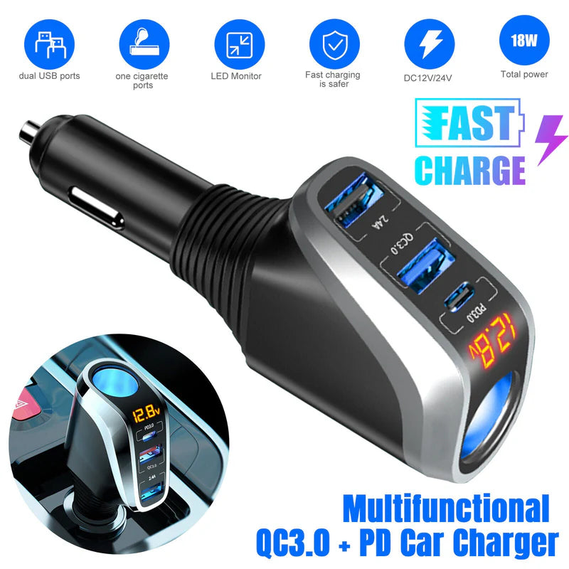 Zyvoura Denx car charger plugged into vehicle's cigarette lighter port, compact car accessory for charging devices on the go