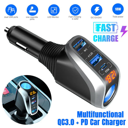 Zyvoura Denx car charger plugged into vehicle's cigarette lighter port, compact car accessory for charging devices on the go