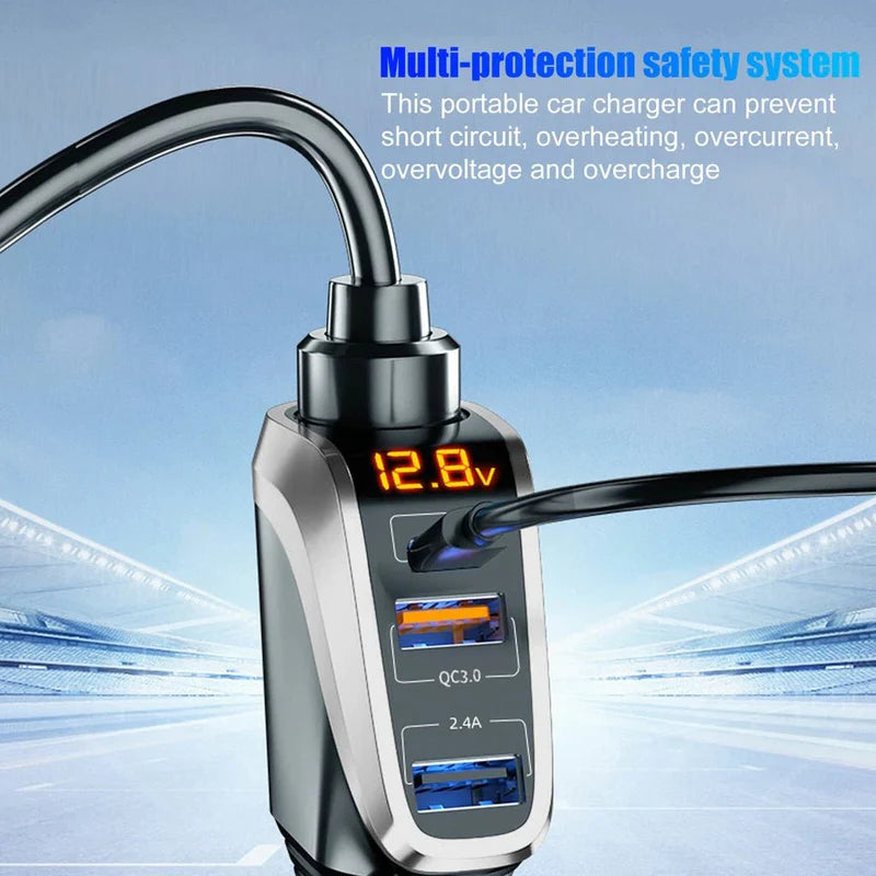 Zyvoura Denx car charger plugged into a vehicle's cigarette lighter port, compact design for charging devices on the go.