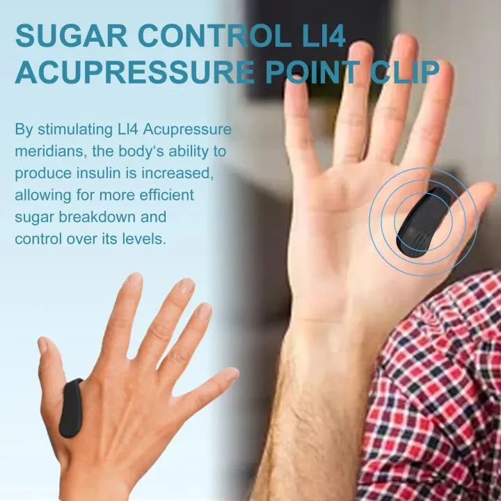 Zyvoura EELHOE Sugar Control L14 acupressure point clip shown on skin for natural sugar level management.