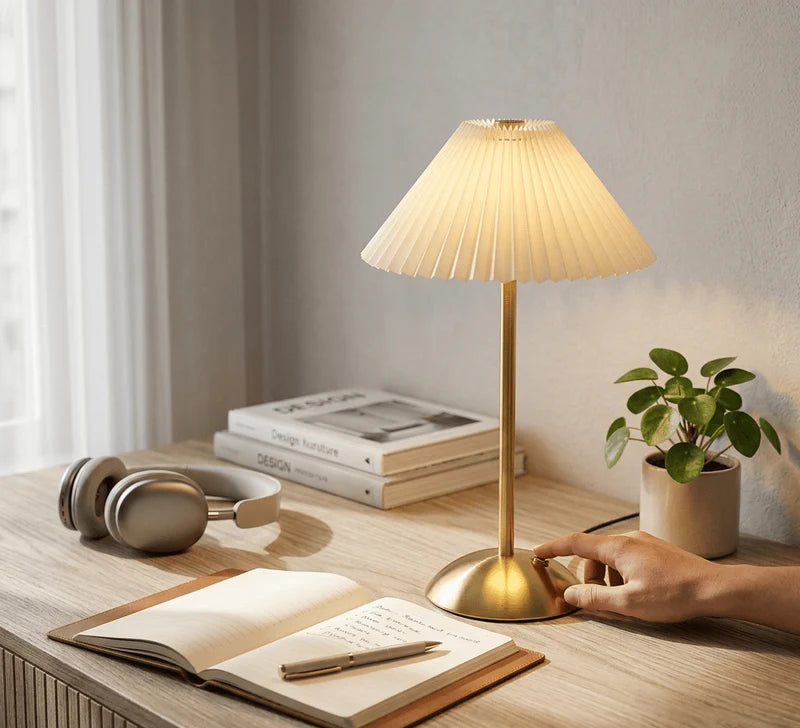 Zyvoura Elegant Pleated LED Desk Lamp with adjustable arm and soft white light for modern office or bedside use