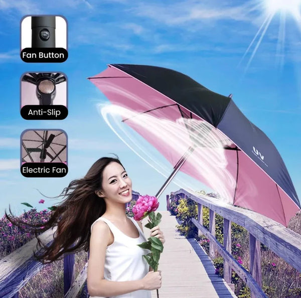 Zyvoura fan umbrella car accessory, handheld fan with umbrella design for cooling and shade protection.