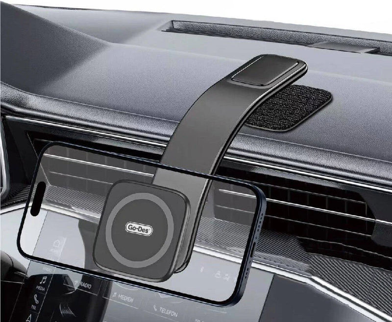 Zyvoura flat car phone holder securely grips smartphones, designed as a convenient car accessory for hands-free use.