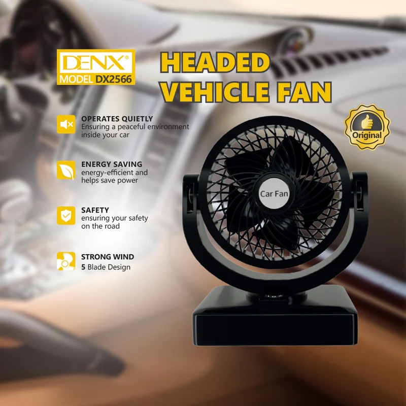 Zyvoura Denx Headed Vehicle Mini Fan attached to car dashboard for cooling and air circulation.