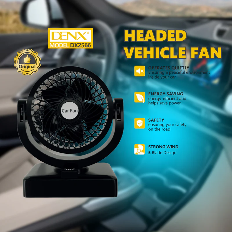 Zyvoura Denx headed vehicle mini fan attached to car dashboard, compact car accessory providing personal cooling.