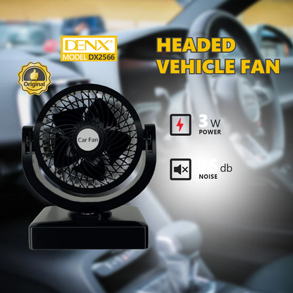 Zyvoura Denx Headed Vehicle Mini Fan attached to car dashboard, compact car accessory providing cooling airflow.