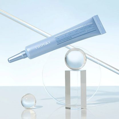 Zyvoura Trimay Luronicollagen eye cream jar for anti-aging and dark circle care, shown with product label and sleek packaging.