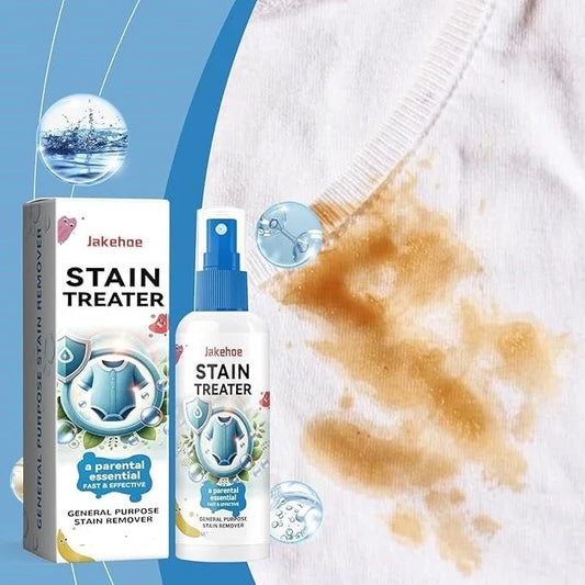 Zyvoura Jakehoe Stain Treater bottle showing cleaning solution for stain removal on fabric.