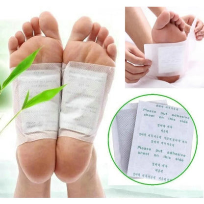 Zyvoura Kinoki Cleansing Detox Foot Pads shown on feet, designed for health and beauty detoxification and foot cleansing.