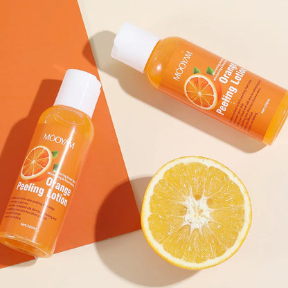 Zyvoura Mooyam Orange Peeling Lotion bottle with orange peel illustration, health and beauty product for skin care.