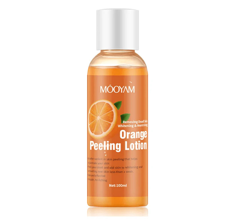 Zyvoura Mooyam Orange Peeling Lotion bottle with orange label, used for skin exfoliation and nourishing in health and beauty care.