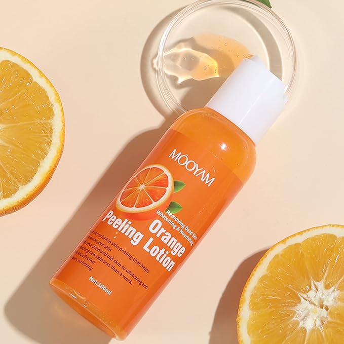 Zyvoura Mooyam Orange Peeling Lotion bottle with orange peel design, showcasing the health and beauty product for skin exfoliation.