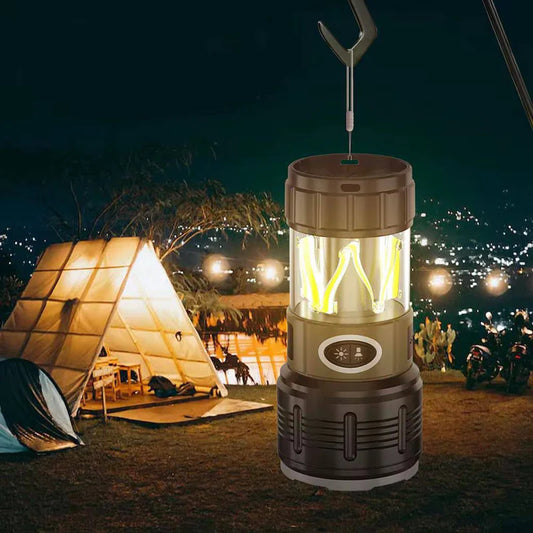 Zyvoura multifunctional LED camping flashlight lantern with adjustable handle and bright illumination for outdoor adventures.