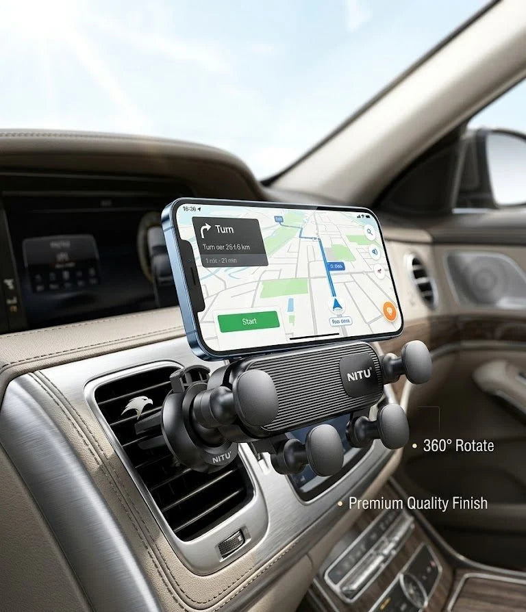 Zyvoura Nitu gravity damping car phone holder with adjustable bracket and secure grip for easy hands-free use.