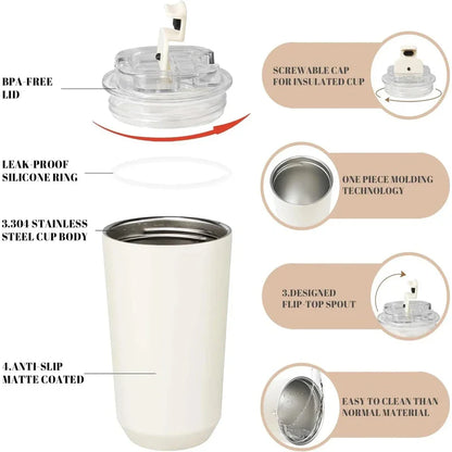 Zyvoura SMEG stainless steel vacuum insulated tumbler mug showing a sleek, modern design with a lid, ideal for hot and cold beverages