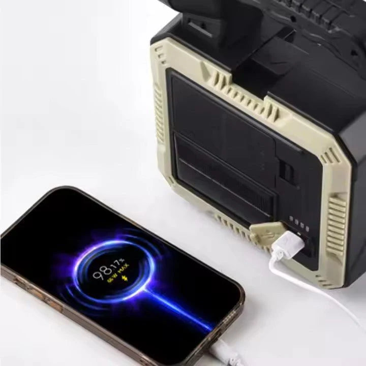 Zyvoura solar portable lamp emitting bright light, ideal for camping and outdoor use, compact electronic lighting device.