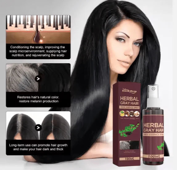 Zyvoura South Moon Gray Hair Spray in a sleek aerosol can, designed to style and hold gray hair with a natural finish.