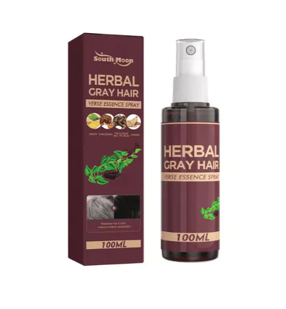 South Moon Gray Hair Spray by Zyvoura, demonstrating a sleek gray hair style with the spray bottle visible in the image.