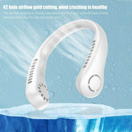 Zyvoura Vaneless Neck Hanging Fan showing sleek design and adjustable straps for hands-free cooling.