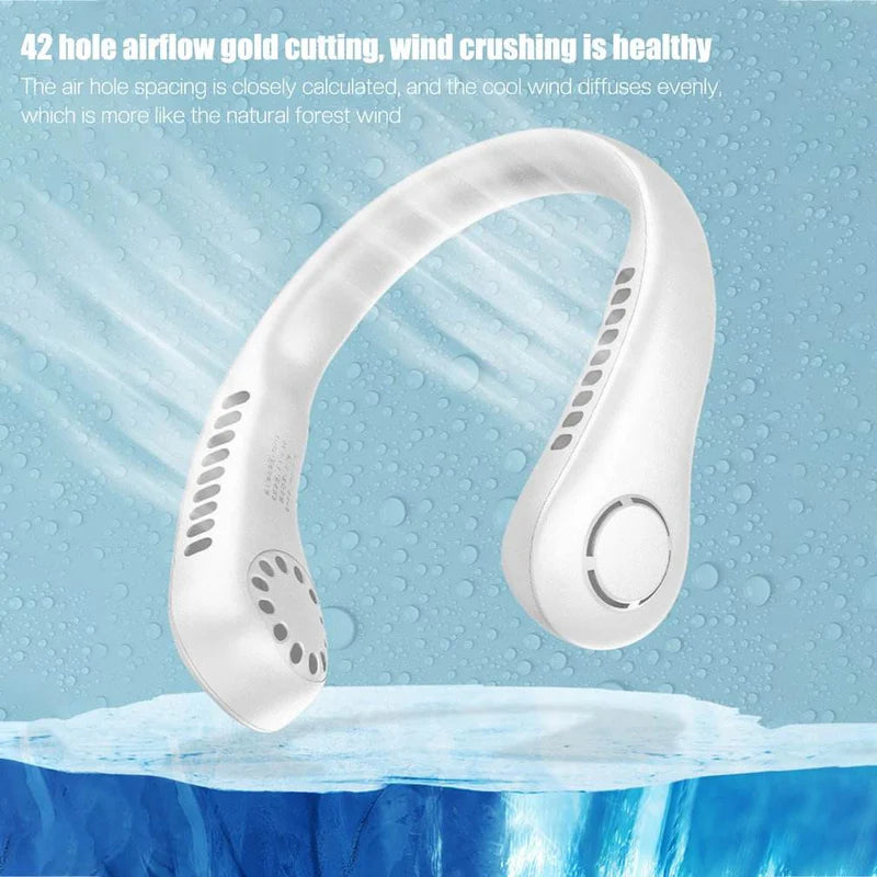 Zyvoura Vaneless Neck Hanging Fan showing sleek design and adjustable straps for hands-free cooling.